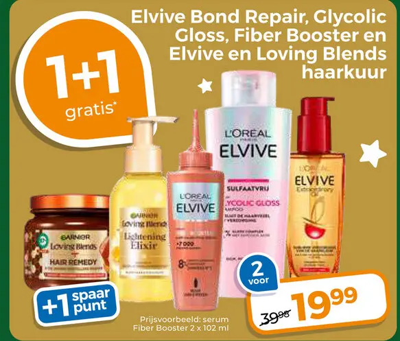 Aanbieding: Elvive Bond Repair, Glycolic Gloss, Fiber Booster en elvive en Loving Blends haarkuur