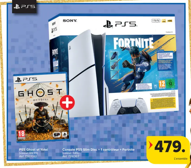 Offre: Console PS5 Slim Disc + 1 contrôleur + Fortnite