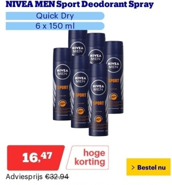 Aanbieding: NIVEA MEN Sport Deodorant Spray - Quick Dry Anti-Transpirant - 6 x 150 ml - Voordeelverpakking