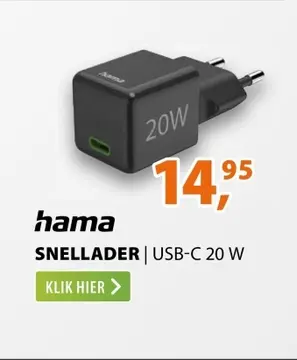 Aanbieding: Hama Fast Charger USB-C PD/Qualcomm®  Super-Mini Charger 20 W Zwart