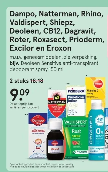 Aanbieding: Dampo, Natterman, Rhino, Valdispert, Shiepz, Deoleen, CB12, Dagravit, Roter, Roxasect, Prioderm, Excilor en Eroxon