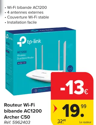 Offre: Routeur Wi-Fi bibande AC1200 Archer C50