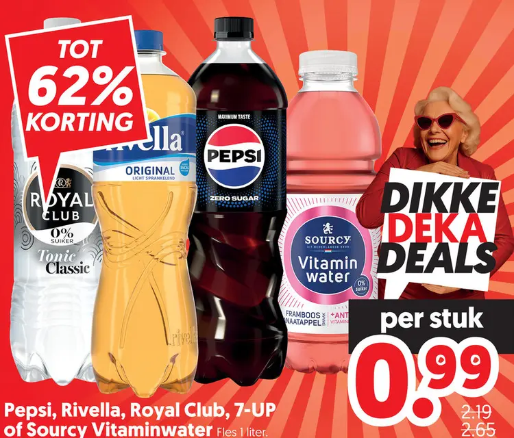 Aanbieding: Pepsi, Rivella, Royal Club, 7-UP of Sourcy Vitaminwater