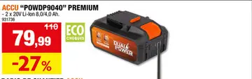 Offre: Powerplus Dual Power POWDP9040 batterie 2x20 V Li-Ion 8.0/4.0Ah