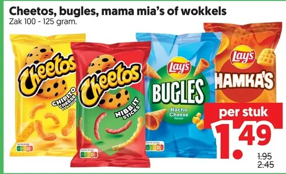 Aanbieding: Cheetos, bugles, mama mia's of wokkels