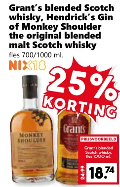 Aanbieding: Grant's blended Scotch whisky, Hendrick's Gin of Monkey Shoulder the original blended malt Scotch whisky
