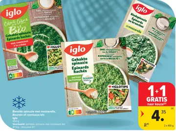 Aanbieding: Bereide spinazie met mozzarella, Boursin of roomsaus bio