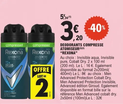 Offre: Deodorants compresse atomiseur