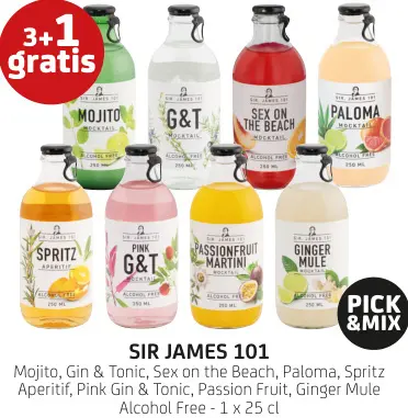 Promotie: Sir James 101 Mojito, Gin & Tonic, Sex on the Beach, Paloma, Spritz Aperitif, Pink Gin & Tonic, Passion Fruit, Ginger Mule Alcohol Free - 1 x 25 cl