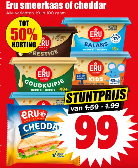 Aanbieding: Eru smeerkaas of cheddar