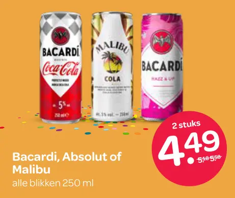 Aanbieding: Bacardi, Absolut of Malibu