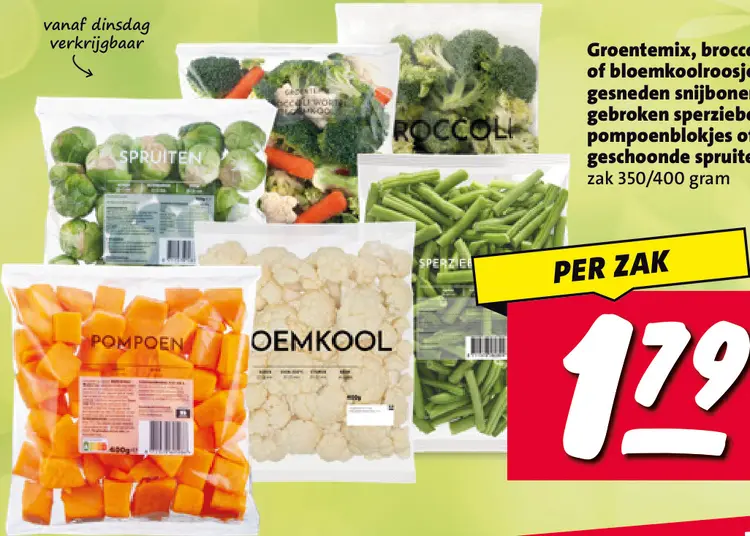 Aanbieding: Groentemix, broccoli- of bloemkoolroosjes, gesneden snijbonen, gebroken sperziebonen, pompoenblokjes of geschoonde spruiten
