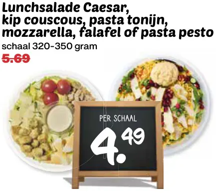 Lunchsalade Caesar, kip couscous, pasta tonijn, mozzarella, falafel of pasta pesto