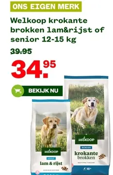 Aanbieding: Welkoop krokante brokken lam&rijst of senior 12-15 kg