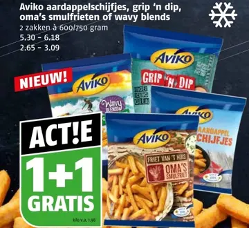 Aanbieding: Aviko aardappelschijfjes, grip 'n dip, oma's smulfrieten of wavy blends
