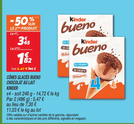 Offre: Cônes glacés bueno chocolat au lait