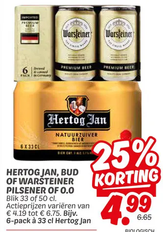 Aanbieding: Hertog jan, Bud of Warsteiner pilsener of 0.0