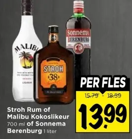 Aanbieding: Stroh Rum of Malibu Kokoslikeur of Sonnema Berenburg