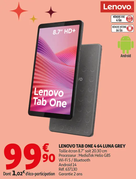 Offre: Lenovo tab one 4 64 luna grey
