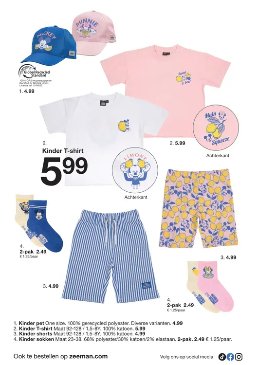 Promotie: Kinder pet, t-shirt, shorts, sokken