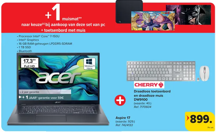 Promotie: Aspire 17 laptop met Cherry draadloos toetsenbord en draadloze muis + 1 muismat