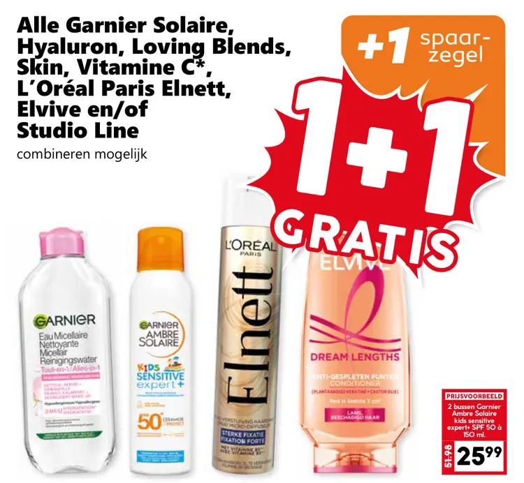 Aanbieding: Alle Garnier Solaire, Hyaluron, Loving Blends, Skin, Vitamine C, L'Oréal Paris Elnett, Elvive en/of Studio Line