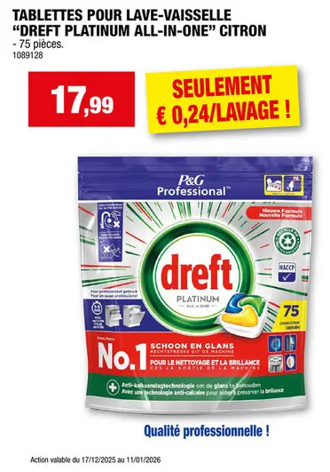 Offre: Dreft Professional Platinum All-in-One tablettes lave-vaisselle citron 75 pièces