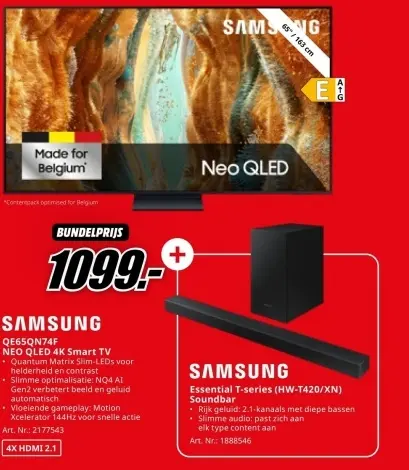 Promotie: SAMSUNG QE65QN74F NEO QLED 4K Smart TV + SAMSUNG Essential series soundbar