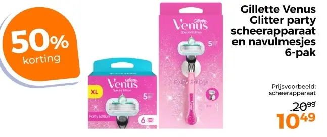 Aanbieding: Gillette Venus Glitter party scheerapparaat en navulmesjes 6pak