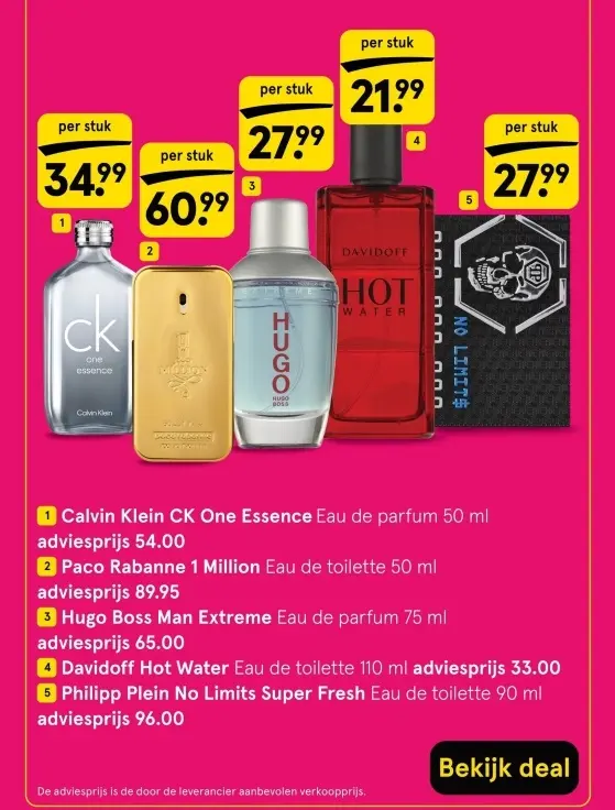 Aanbieding: Calvin Klein, Paco Rabanne, Hugo Boss, Davidoff of Philipp Plein parfums