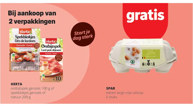 Promotie: Ontbijtspek gerookt of spekblokjes gerookt of natuur met gratis eieren large vrije uitloop