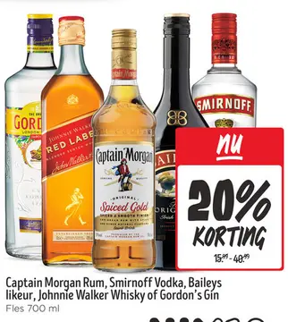 Aanbieding: Captain Morgan Rum, Smirnoff Vodka, Baileys likeur, Johnnie Walker Whisky of Gordon's Gin