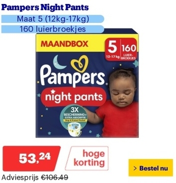 Aanbieding: Pampers Night Pants - Maat 5 (12kg-17kg) - 160 luierbroekjes - Maandbox