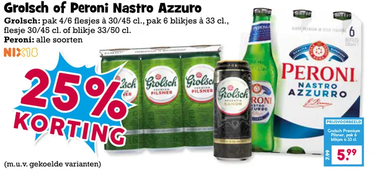 Aanbieding: Grolsch of Peroni Nastro Azzuro