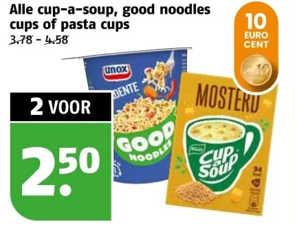 Aanbieding: Alle cup-a-soup, good noodles cups of pasta cups