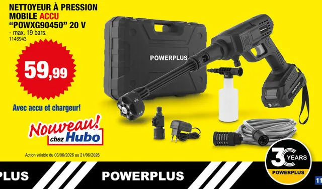 Offre: Powerplus POWXG90450 nettoyeur haute pression sans fil 20V Li-Ion + chargeur