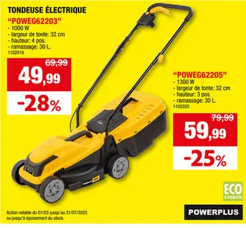 Offre: Powerplus EG POWEG62203 tondeuse électrique 1000W 32cm