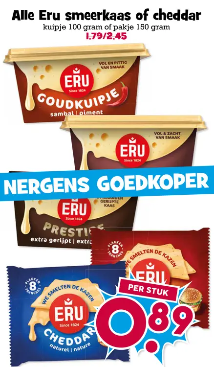 Aanbieding: Eru smeerkaas of cheddar