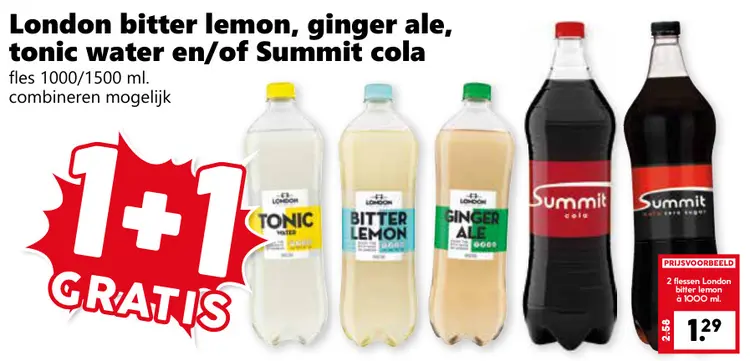 Aanbieding: Bitter lemon, ginger ale, tonic water en/of Summit cola