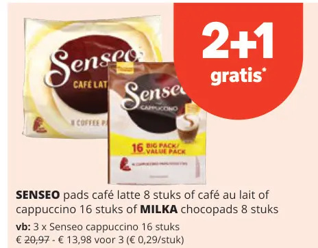 Promotie: Senseo pads café latte of café au lait of cappucino of Milka chocopads