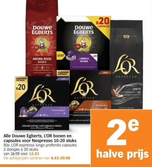 Aanbieding: Douwe Egberts, L'OR bonen en capsules voor Nespresso