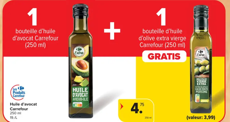 Offre: Huile d'avocat Carrefour + gratis Huile d'olive extra vierge