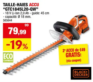 Offre: Black+Decker GTC1845L20-QW taille-haies sans fil 18V Li-Ion 45cm