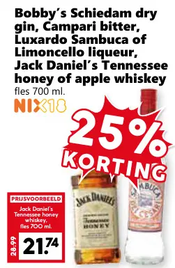 Aanbieding: Bobby's Schiedam dry gin, Campari bitter, Luxardo Sambuca of Limoncello  liqueur, Jack Daniel's Tennessee honey of apple whiskey