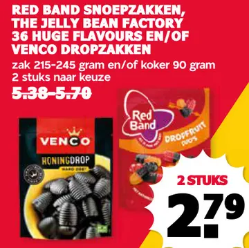 Aanbieding: Red Band snoepzakken, The Jelly Bean Factory 36 huge flavours en/of Venco dropzakken
