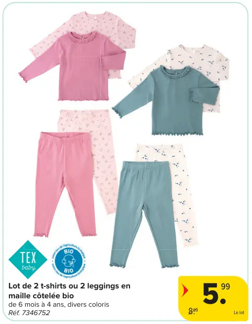 Offre: Lot de 2 t-shirts ou 2 leggings en maille côtelée bio