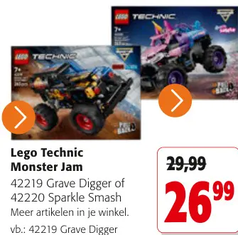 Promotie: Lego Technic Monster Jam 42219 Grave Digger of 42220 Sparkle Smash