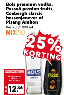 Aanbieding: Bols premium vodka, Passoã passion fruits, Coebergh classic bessenjenever of Pisang Ambon