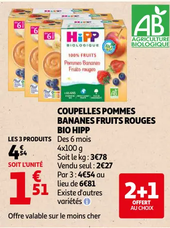 Offre: Coupelles pommes bananes fruits rouges
