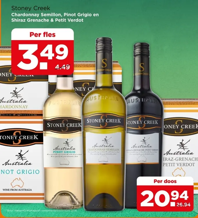 Aanbieding: Stoney Creek Chardonnay Semillon, Pinot Grigio en Shiraz Grenache & Petit Verdot